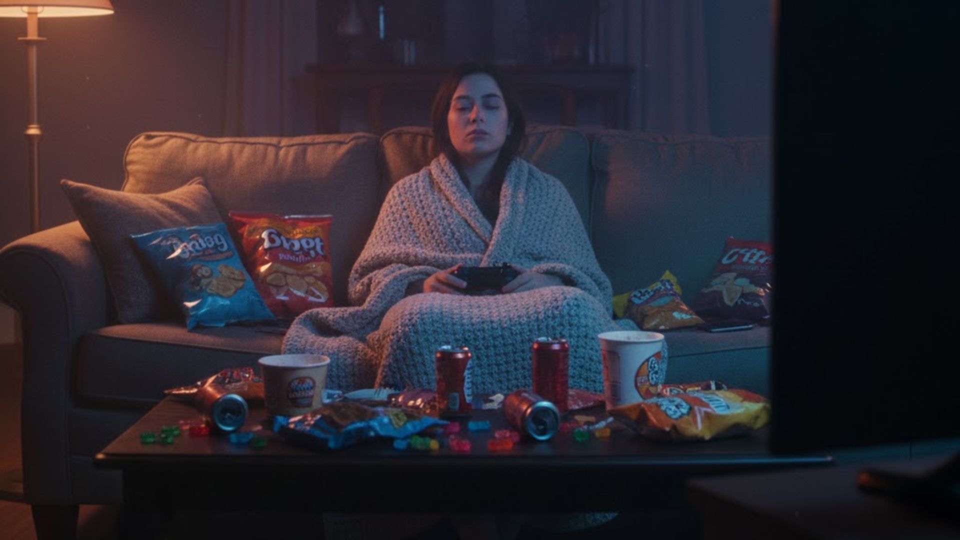 Someone on a sofa surrounded by snacks and glowing TV light.