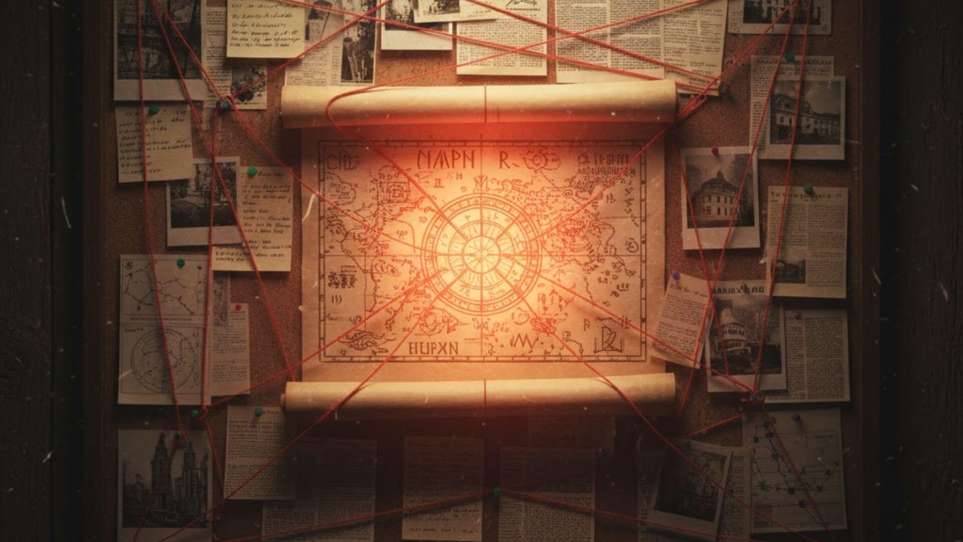 A corkboard covered in notes and strings, central clue glowing softly.