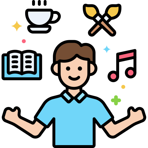 A cartoon man with different lifestyle symbol surrounding him