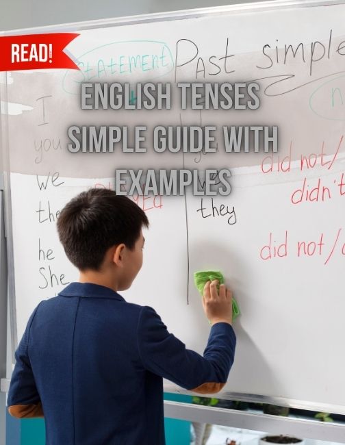 A boy wiping off the words on white board "past tense"