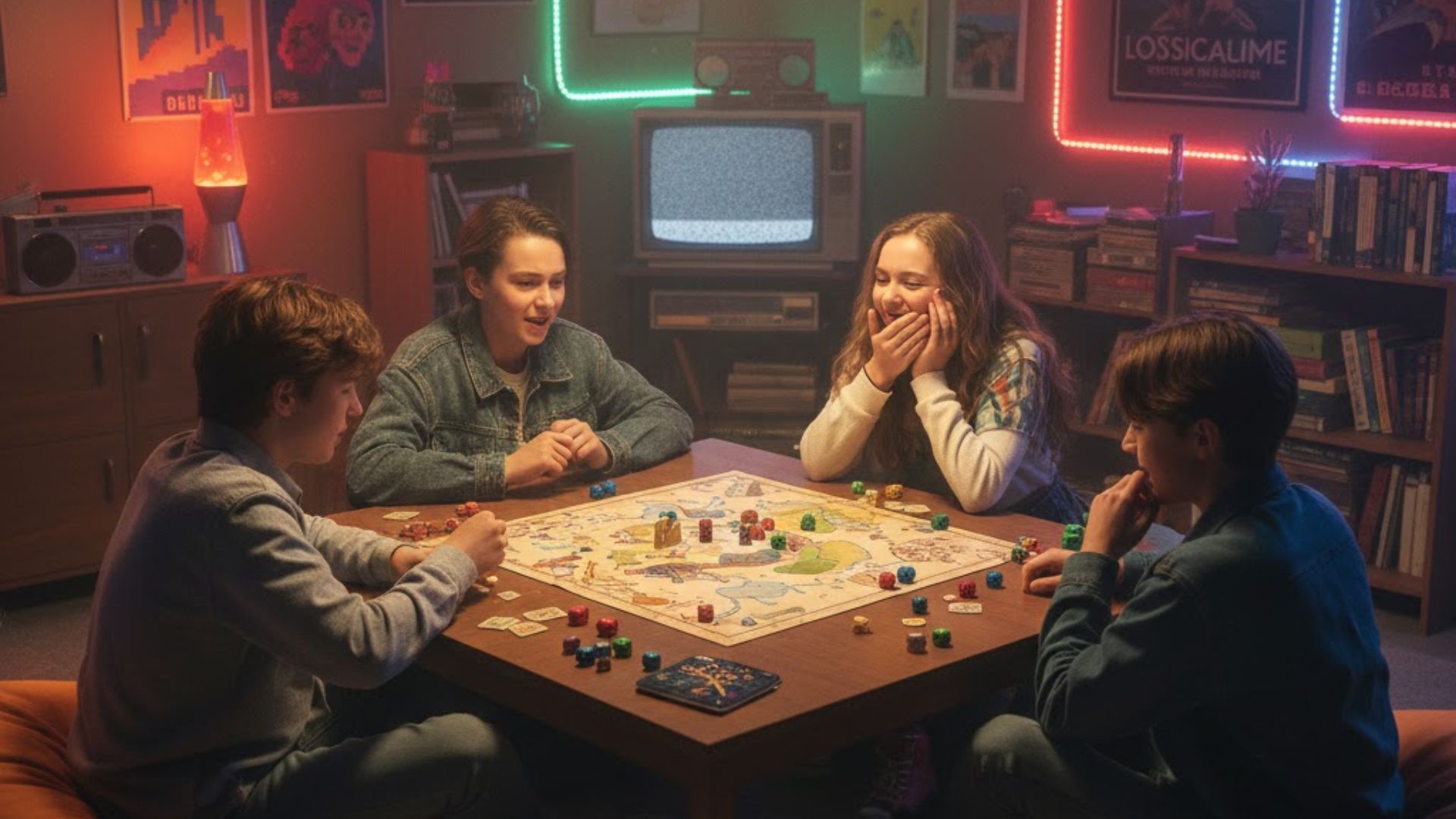 Teenagers in a retro style room with board games.
