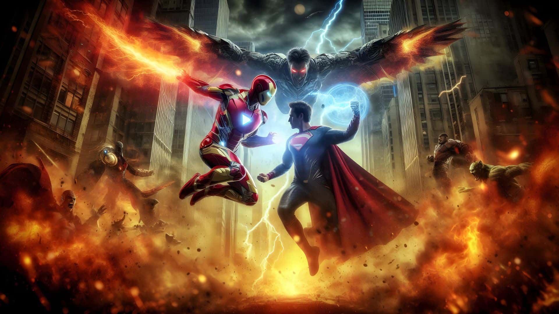 Hero standing between friends and a glowing creature, dramatic backlight. 