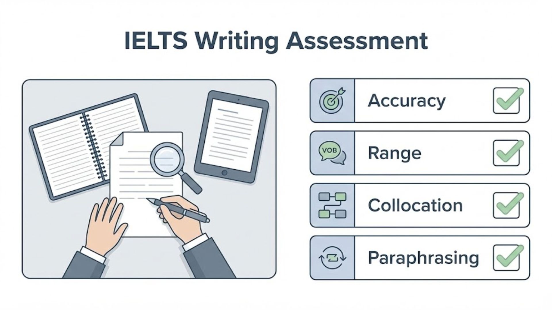IELTS examiner assessing vocabulary accuracy, range, and paraphrasing in writing tasks
