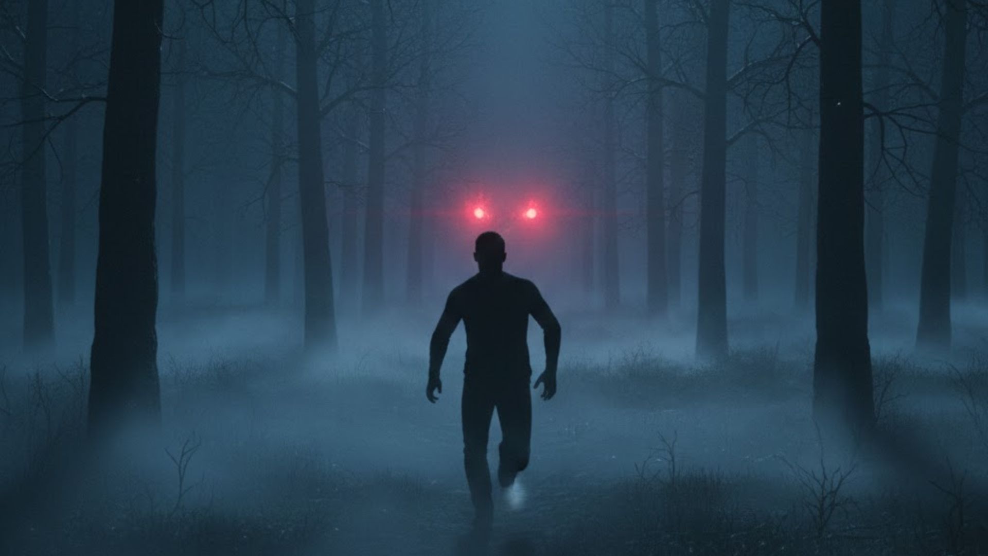 Teens running from glowing eyes in the dark.