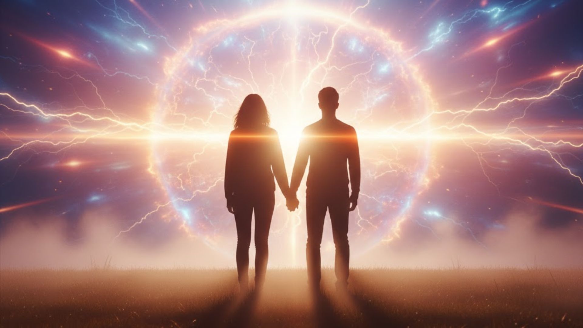 Two silhouettes side by side facing a glowing supernatural horizon, friendship energy.