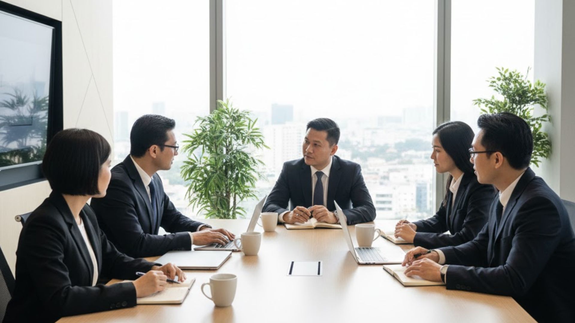 Malaysian professionals discussing work in a modern office meeting