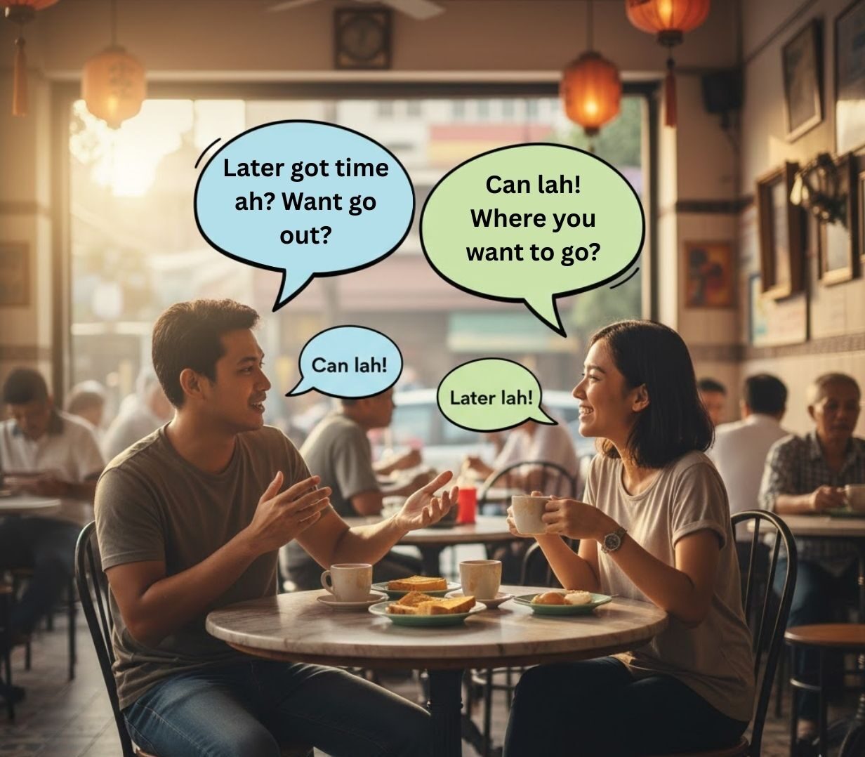 Malaysians chatting casually using Manglish in a local café setting