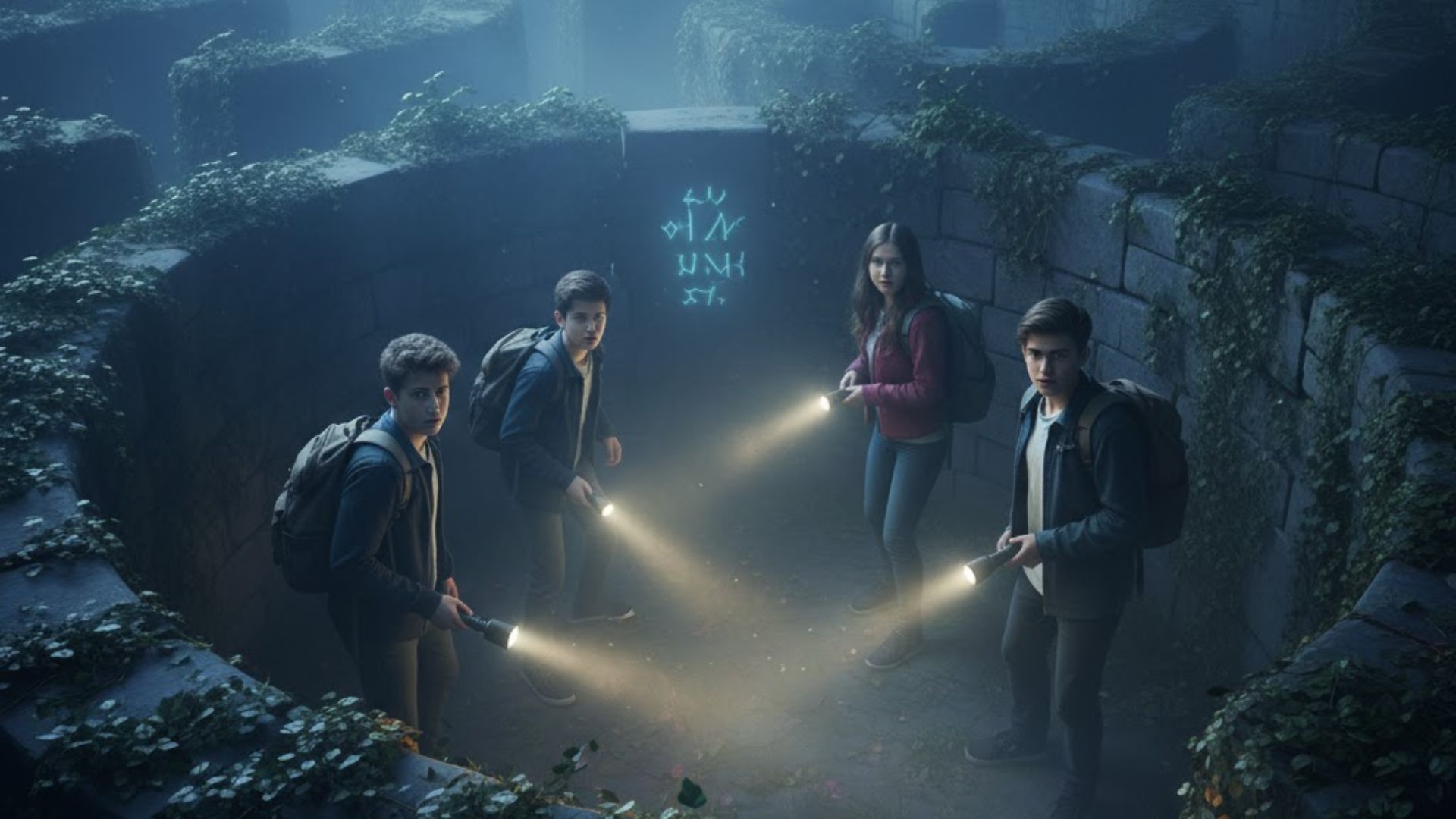 Four teens with flashlights navigating a foggy maze with eerie atmosphere.