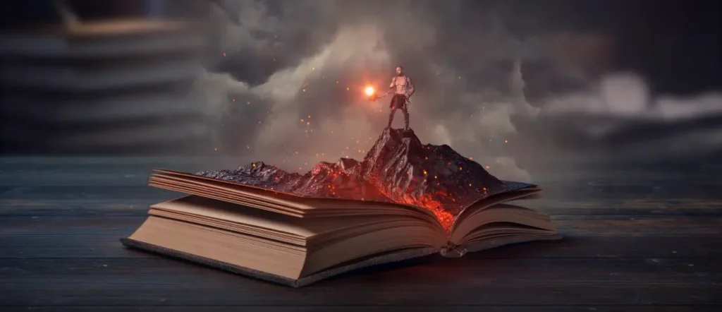 A man climbing to the top of a "book mountain"