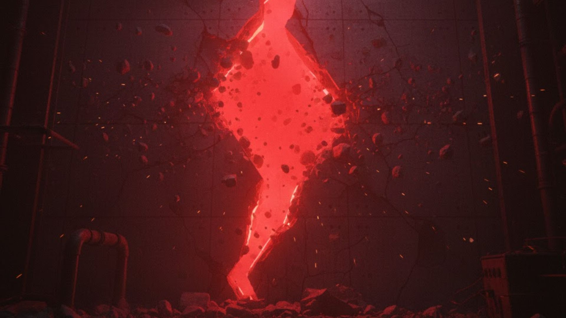 A cracked wall with bright light spilling through, debris floating, cinematic tension.