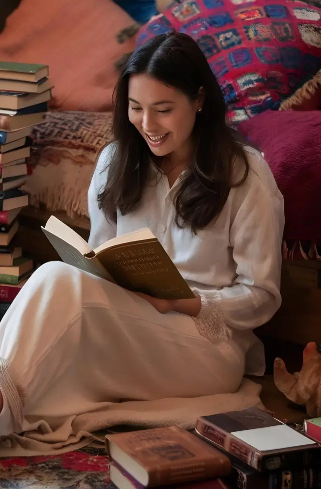 Reading happily on laying on couch