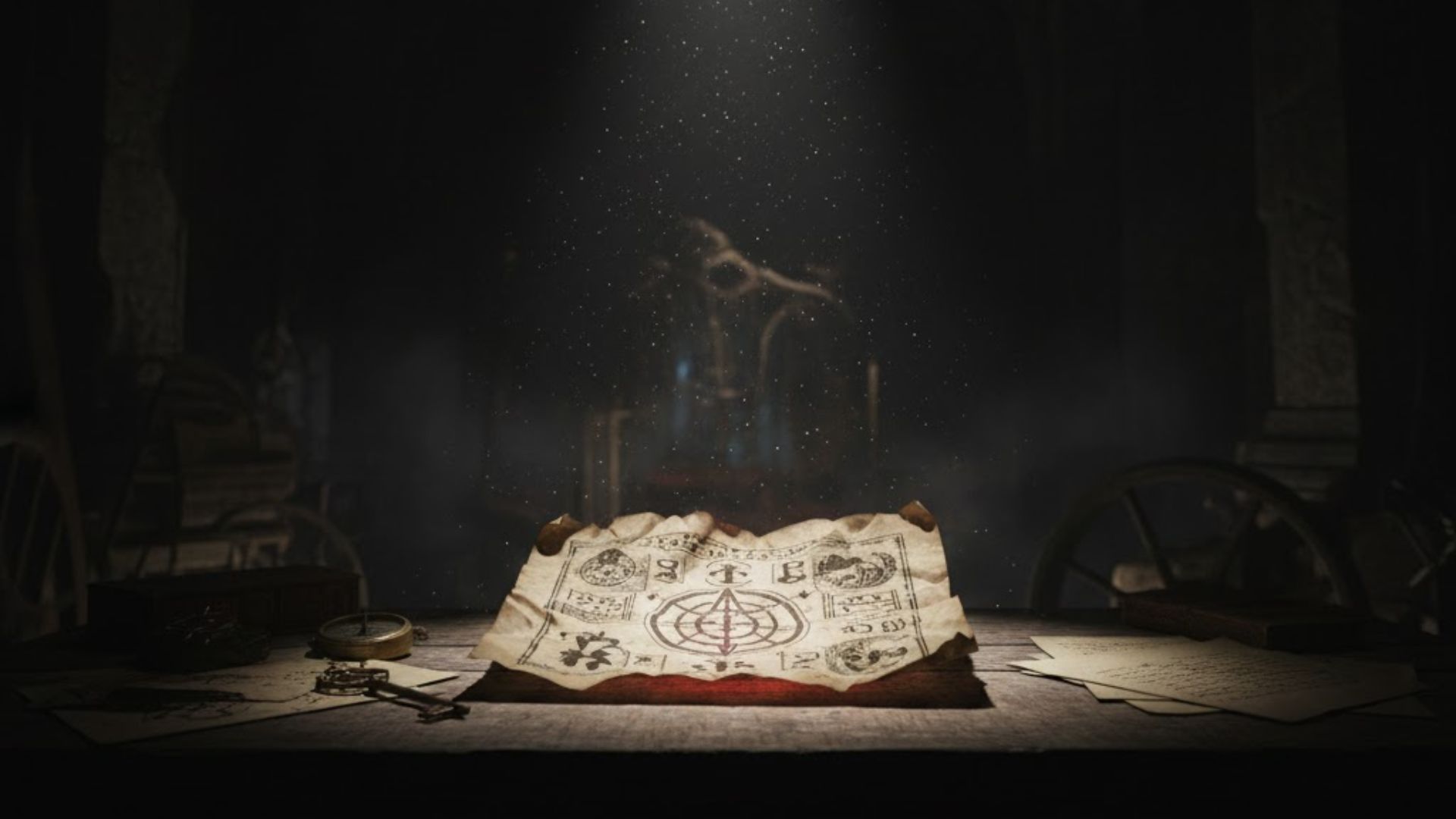A mysterious document under a spotlight in a dark room, dust particles in the air.
