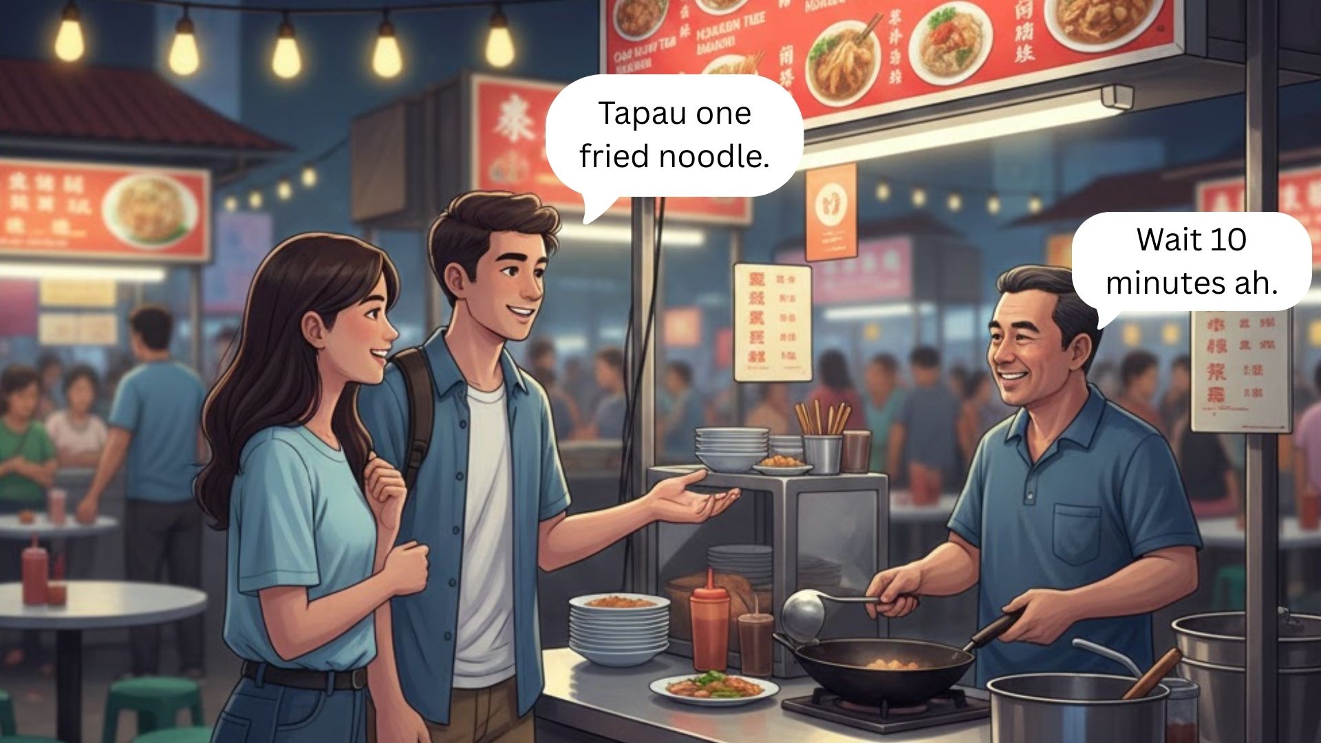 Friends using common Manglish phrases like “Tapau” and “Wait ah” in a casual daily conversation in Malaysia.