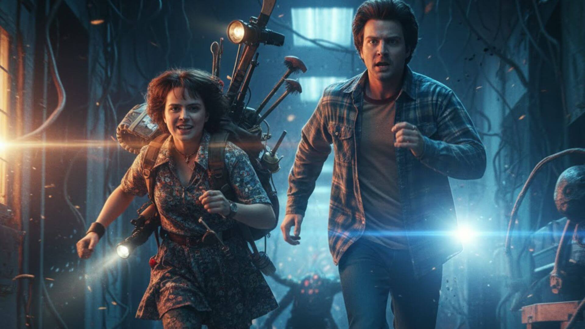 Two teenagers sprinting through a dim hall with flashlights, teamwork energy, motion blur.