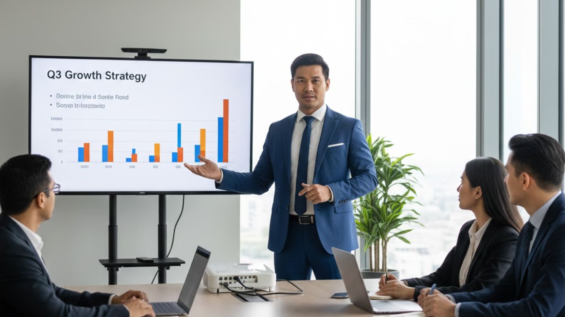 Professional presenting confidently during a business meeting