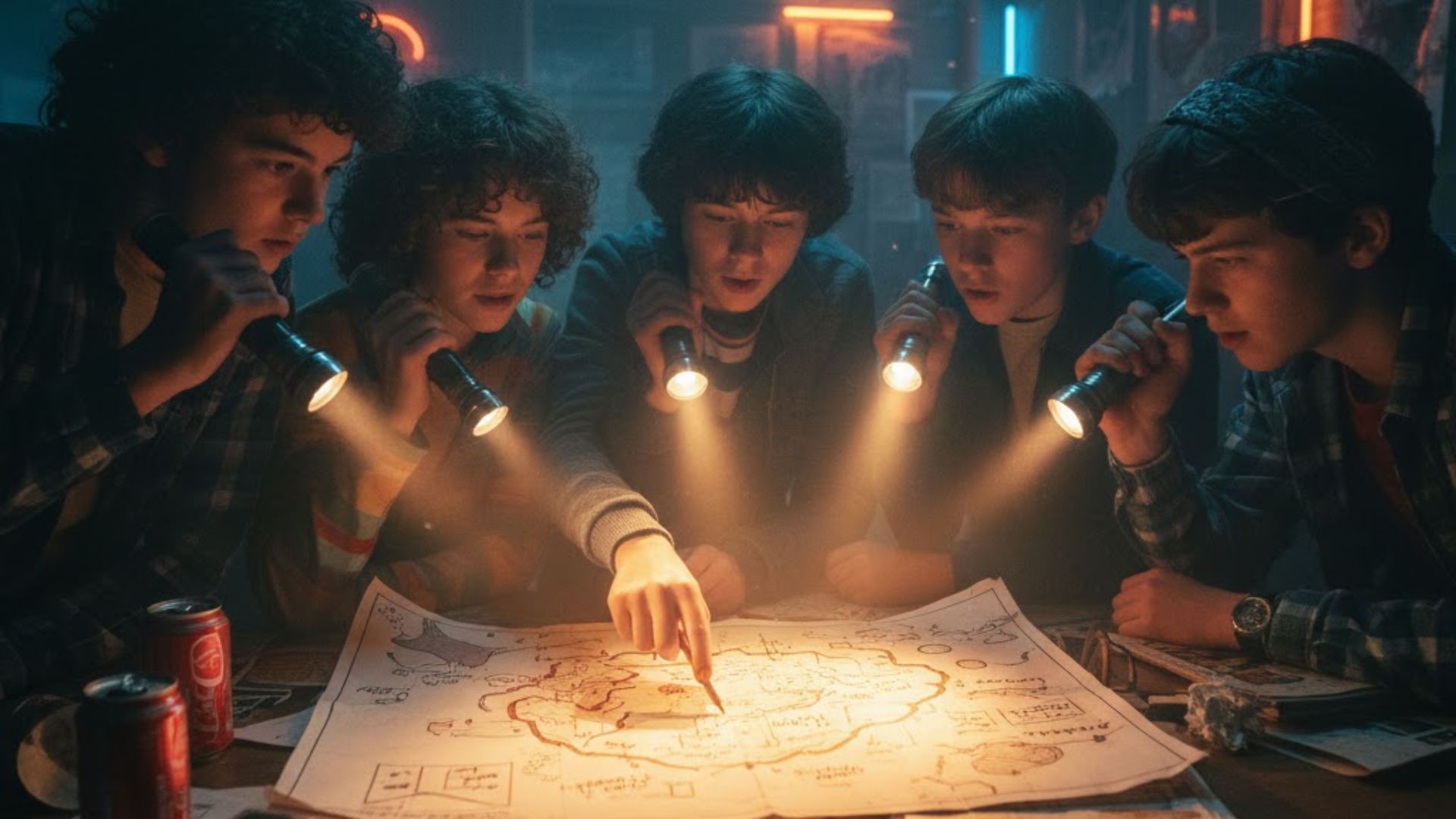 Kids huddled over a mission map.