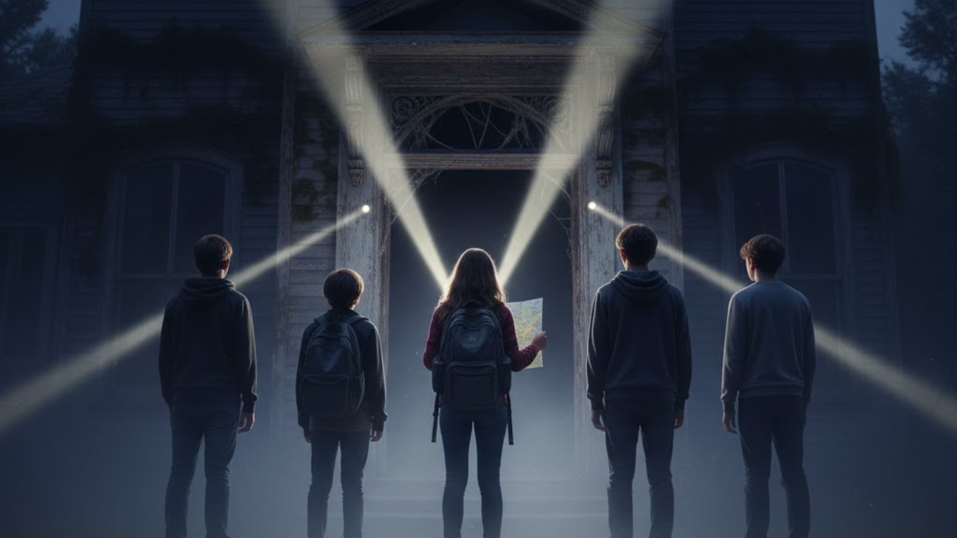 A group of teens holding torches toward a dark, abandoned doorway, fog and tension.