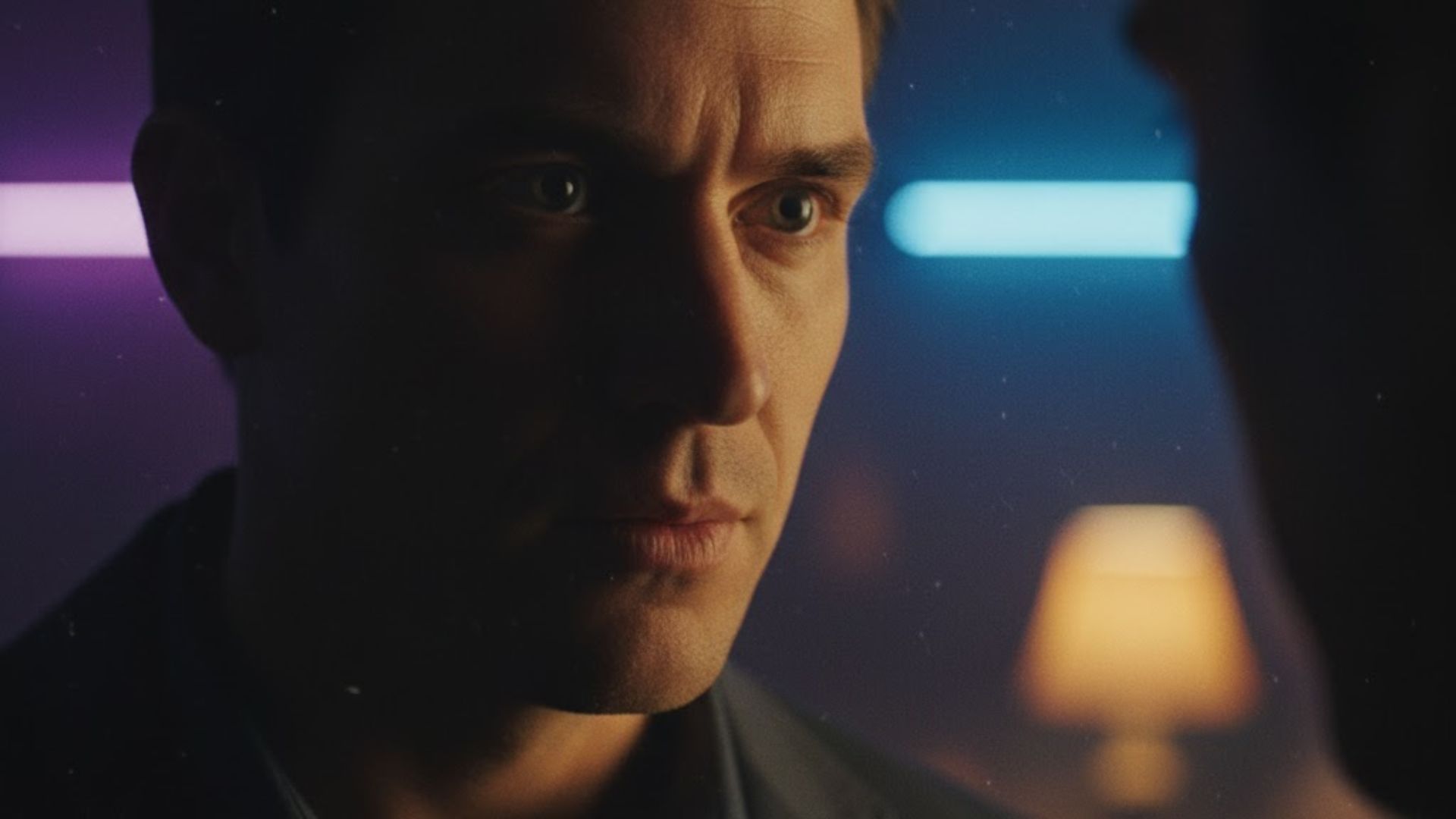 A character glancing suspiciously at someone off frame, dramatic lighting.