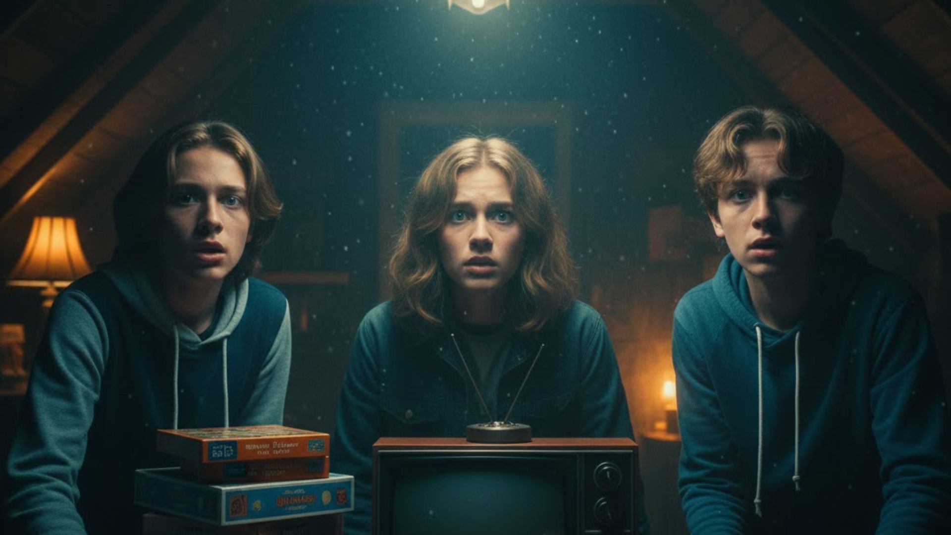 A cinematic close up of characters reacting to flickering lights, dark moody room.