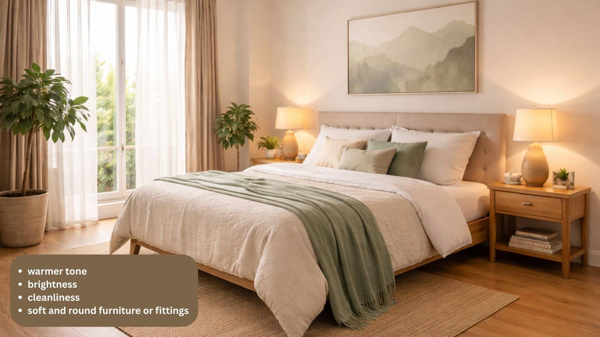 Comfortable feng shui bedroom with warm lighting, balanced layout, and relaxing atmosphere