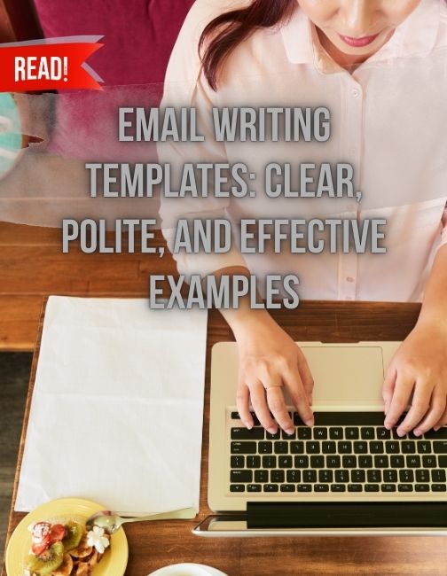 A hand typing report on laptop's keyboard with READ blog title overlay "Email Writing Templates: Clear, Polite, and Effective Examples"
