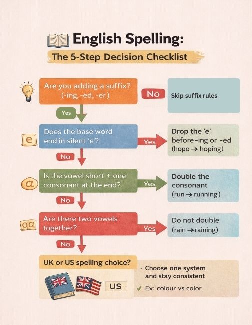 English spelling rules flowchart showing how to choose correct spelling when adding suffixes, handling silent e, doubling consonants, and keeping UK or US spelling consistent.