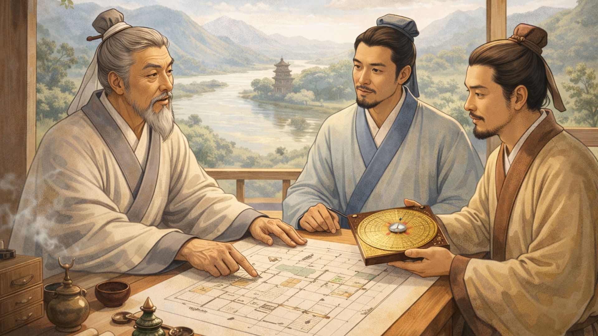 Feng shui practitioner analysing a floor plan using a Luo Pan compass