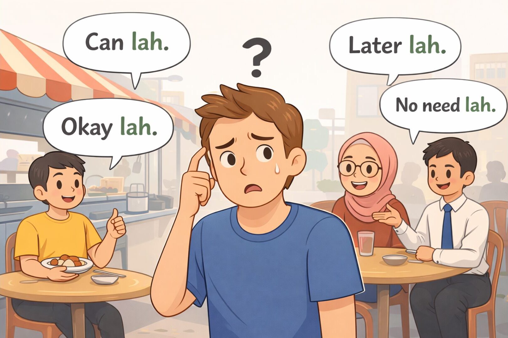 Illustration of a foreigner reacting to hearing “lah” used frequently in everyday Manglish conversations