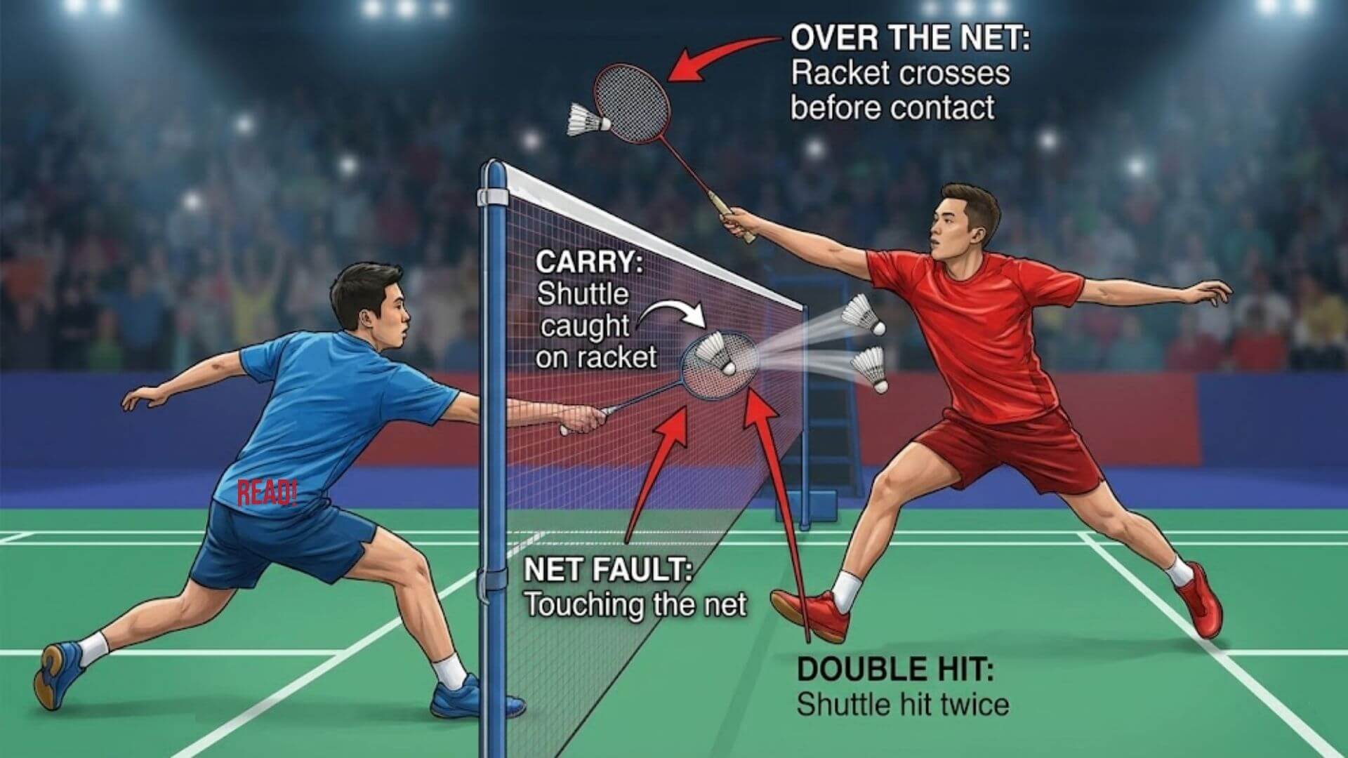 Badminton rally illustration showing net fault, over the net fault, carry, and double hit