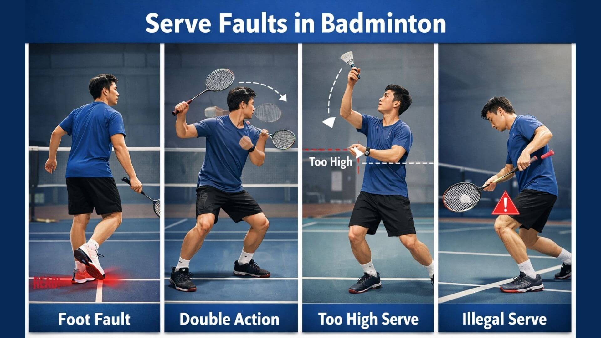 Visual guide showing common badminton serve faults including foot fault, double action, too high serve, and illegal serve