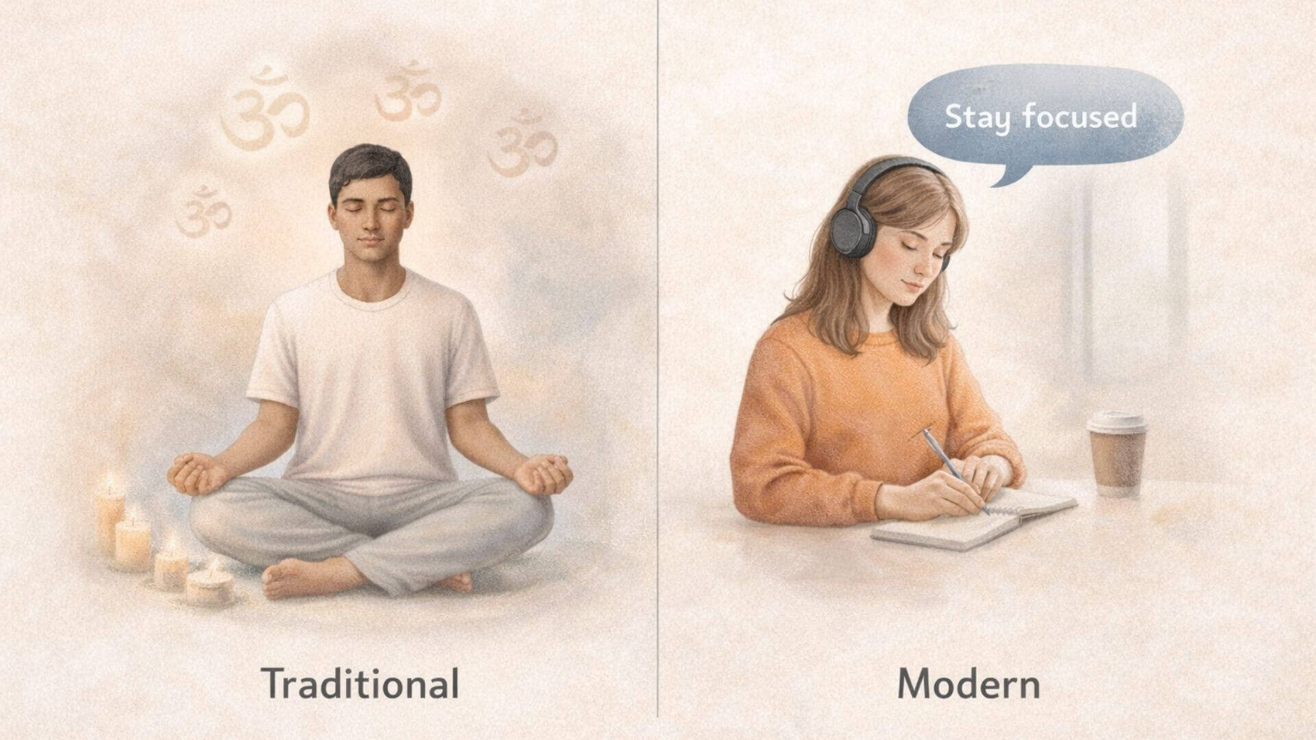 Visual comparison of traditional spiritual mantras and modern motivational mantras used in daily life
