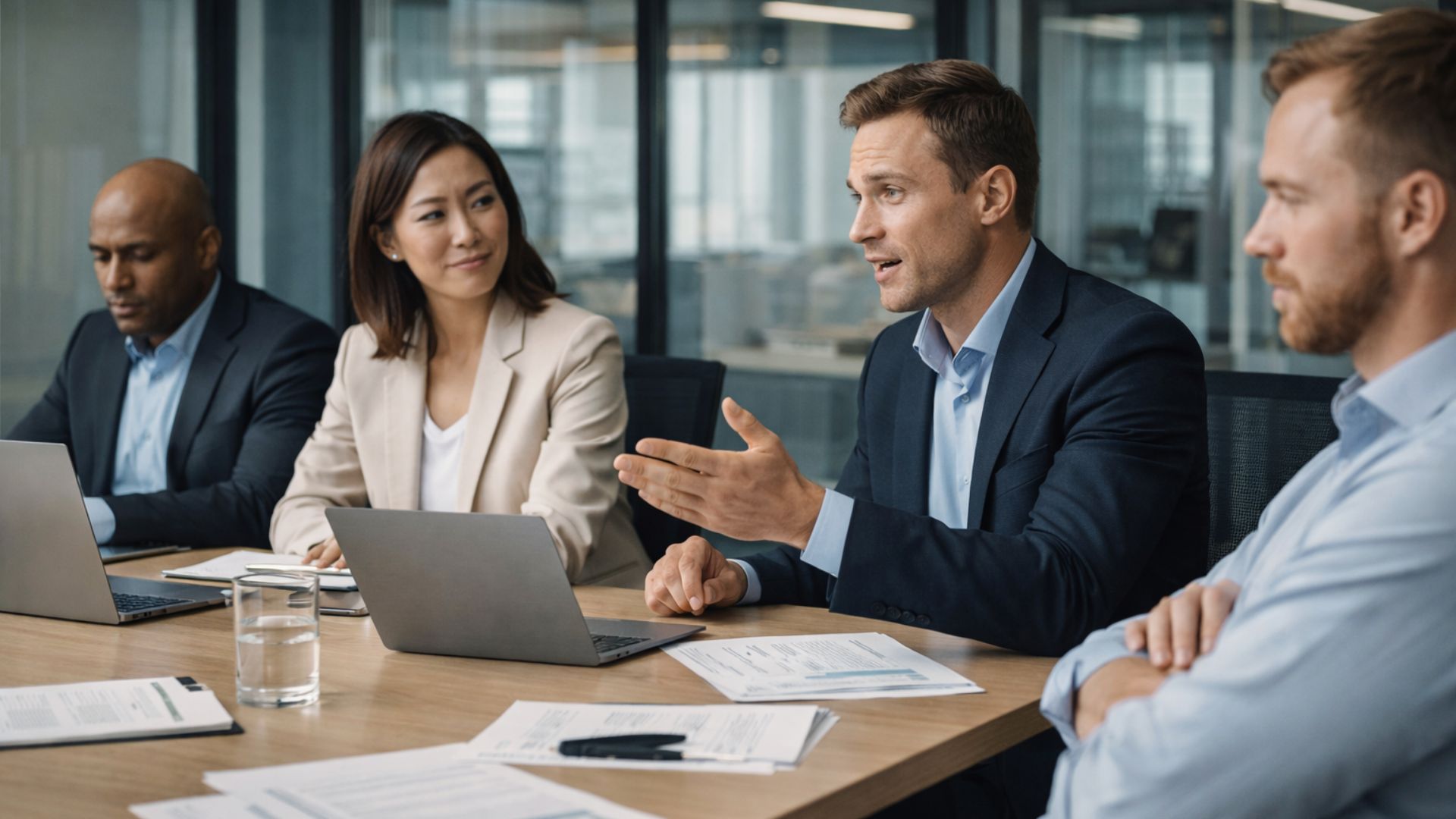 Corporate meeting scene showing professionals maintaining polite body language despite visible tension, representing HR-safe ways to describe difficult colleagues in workplace communication