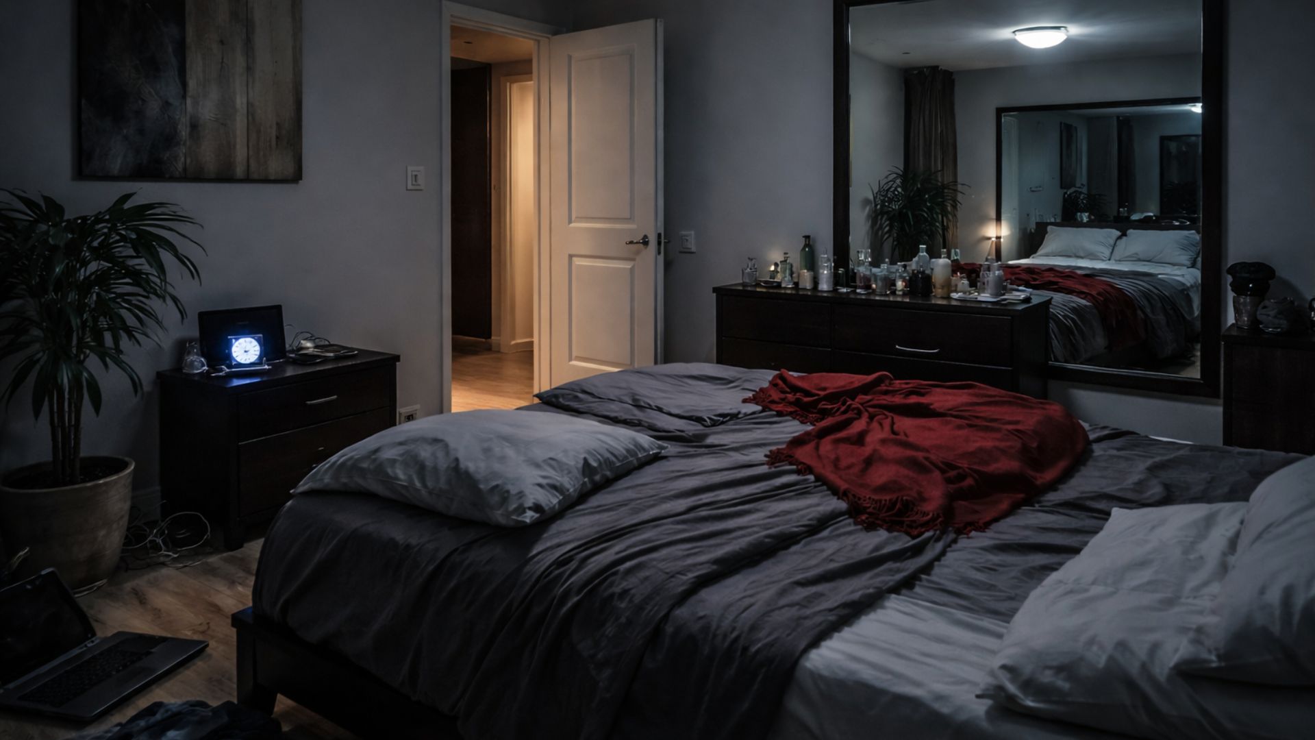 Consider uncomfortable bedroom layout with mirror facing bed and harsh lighting causing unease