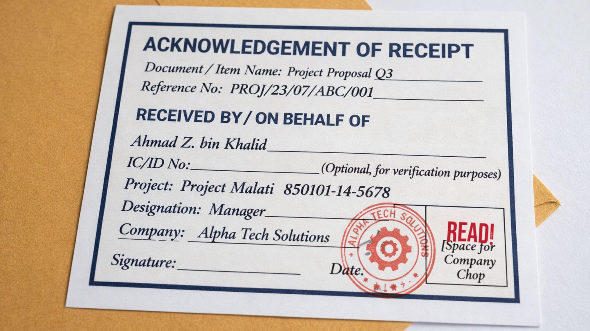 Acknowledgement of Receipt form printed on white card with blue border, showing document details, recipient name, signature line, and red company stamp, placed on a brown envelope.