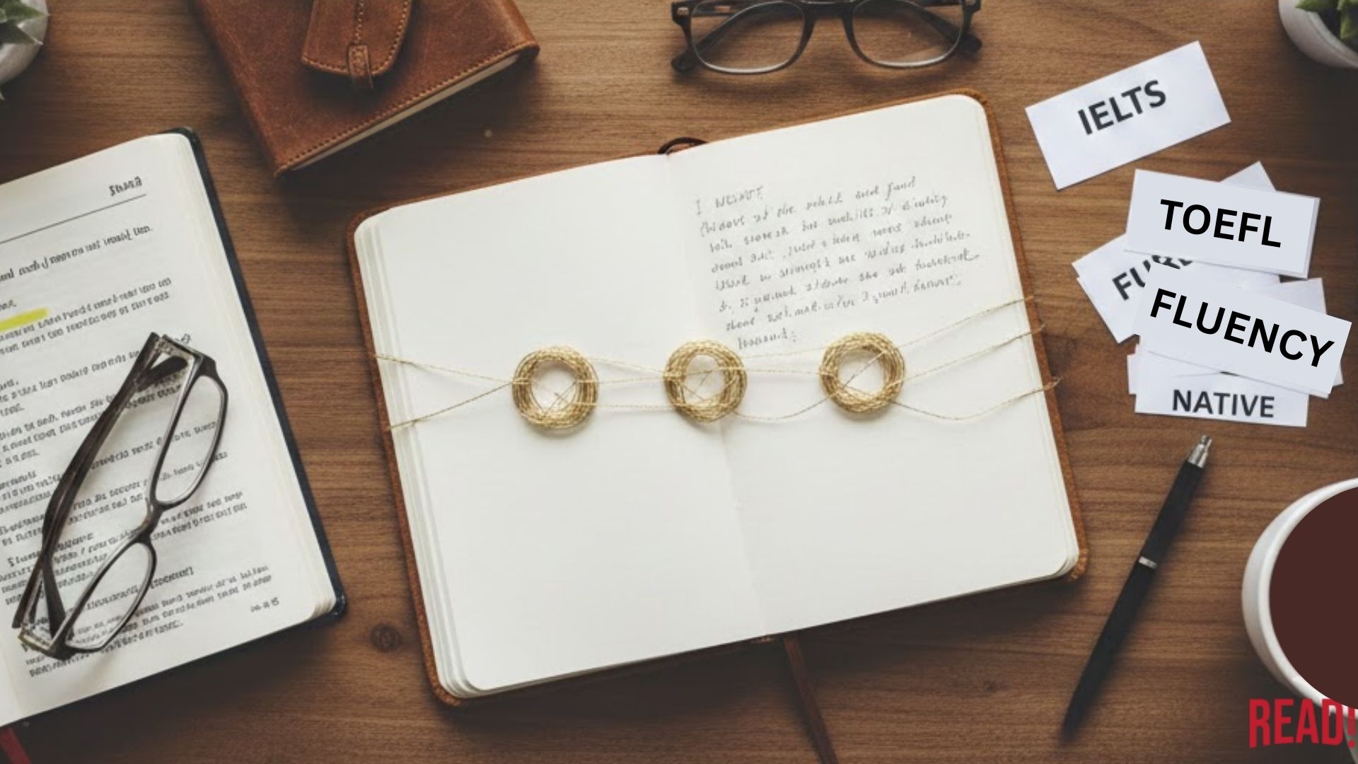 A flat-lay photo of an English learner's desk featuring an open grammar textbook, reading glasses, a cup of coffee, and a notebook with a creative gold ellipsis symbol, surrounded by exam labels for IELTS and TOEFL.