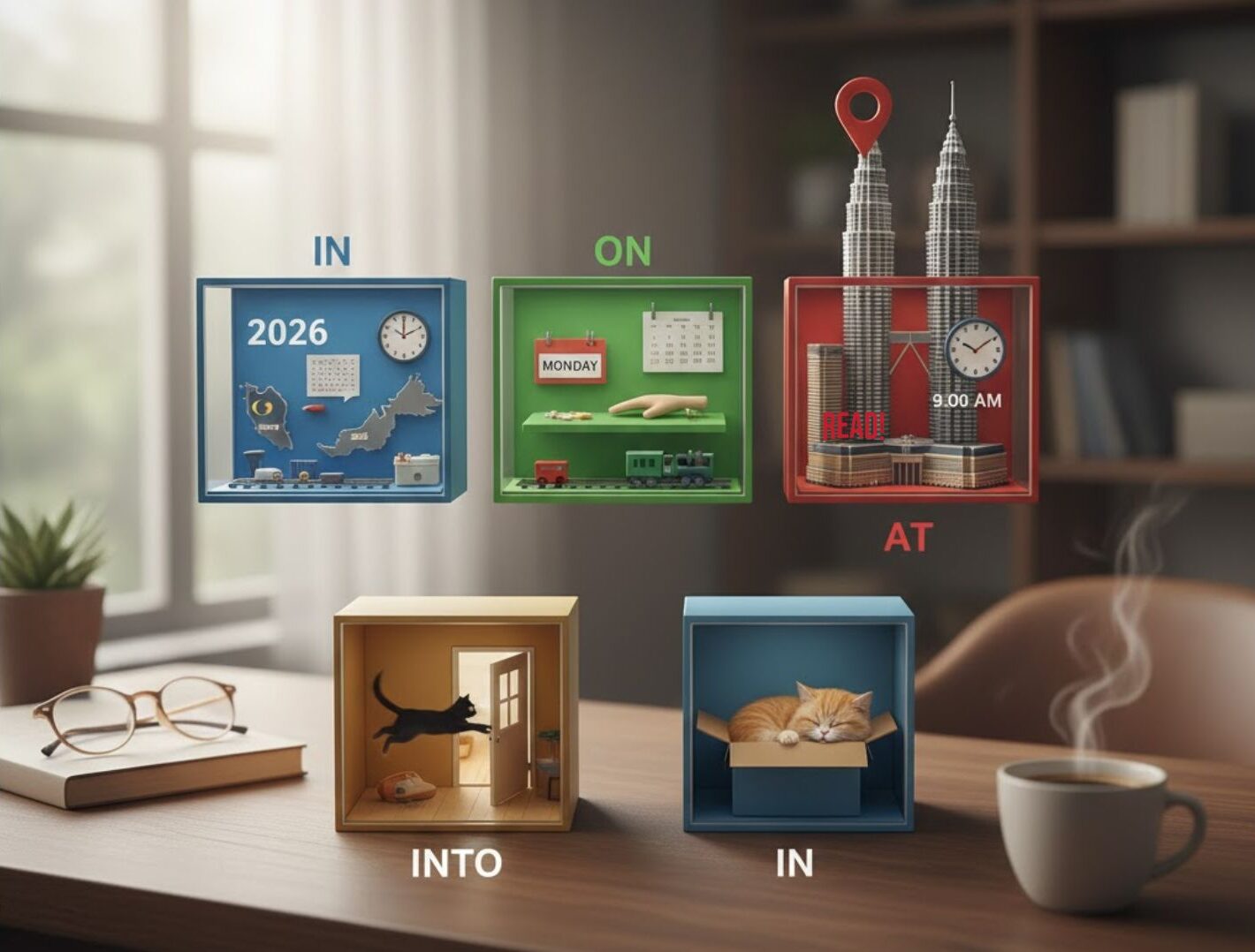 A vertical realistic 3D infographic illustrating English prepositions using a "box" concept on a wooden desk. Top row features three boxes: a blue box for "IN" with a 2026 calendar and Malaysia map, a green box for "ON" with a Monday calendar and keys, and a red box for "AT" with the Petronas Twin Towers and a clock at 9:00 AM. Bottom row shows a yellow box for "INTO" with a cat jumping through a door, and a light blue box for "IN" with a kitten sleeping inside a box.