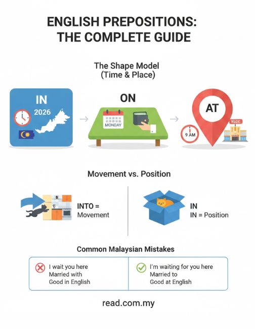 An educational infographic titled "English Prepositions: The Complete Guide" featuring three main sections. The first section, "The Shape Model (Time & Place)," uses icons to show "IN" for large areas like Malaysia or years like 2026, "ON" for surfaces and days like Monday, and "AT" for specific points like 9 AM or KLCC. The second section, "Movement vs. Position," illustrates "INTO" as a cat jumping into a kitchen and "IN" as a cat sitting inside a box. The final section, "Common Malaysian Mistakes," provides corrections for phrases like "I'm waiting for you here" and "Good at English."