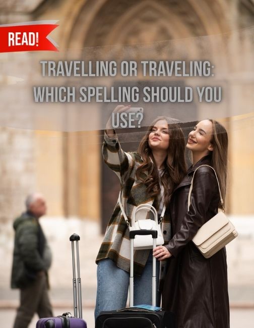 Two girls taking wefie in travel spot and wondering travelling or traveling