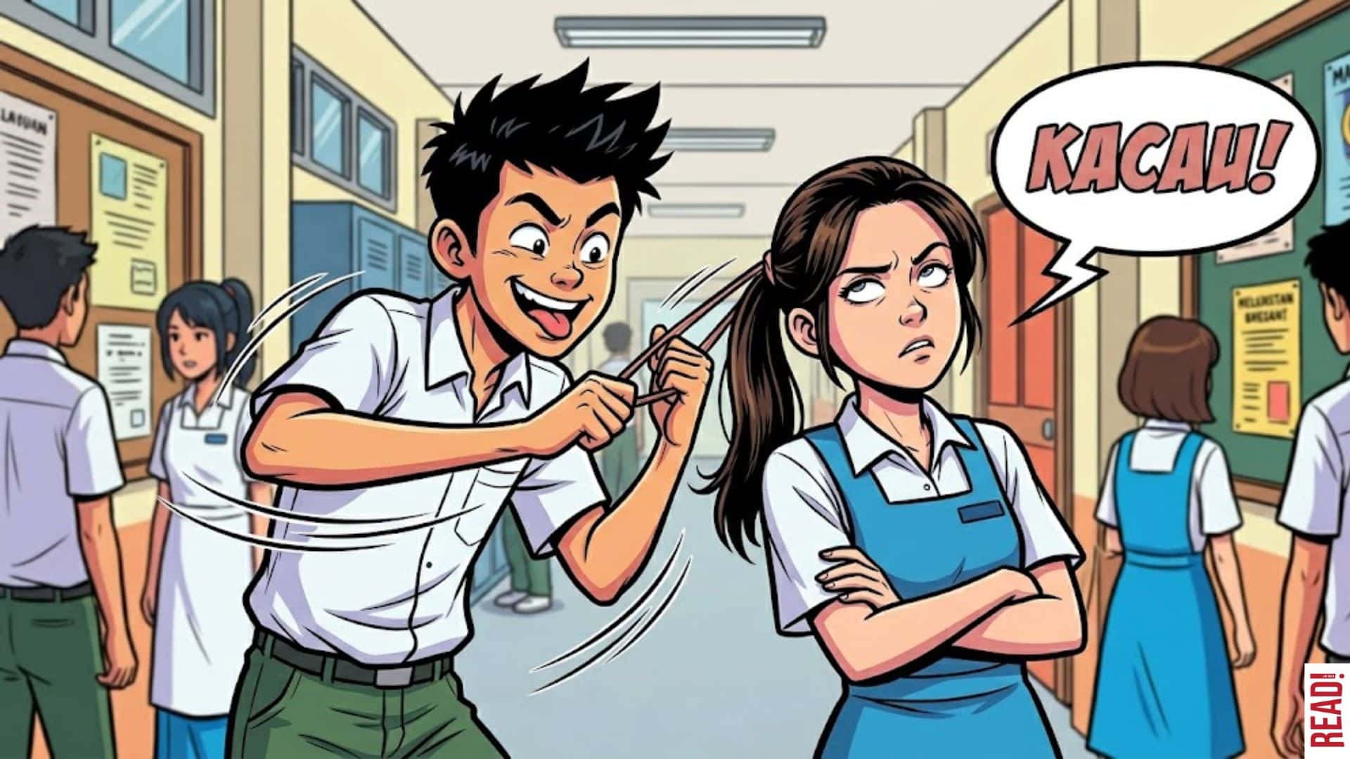 teenager in secondary school, a boy with funny face pulling off the hair band of a girl with pony tail, while the girl rolled her eyes because this is not the first time and said a word "kacau"