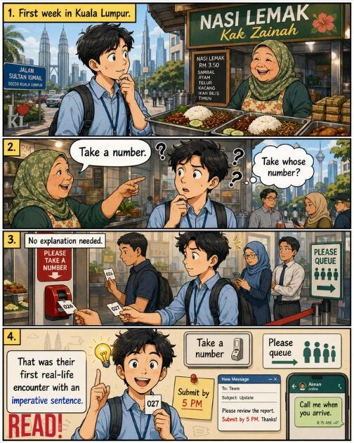 A tourist experiencing imperative verbs scenario in Malaysia