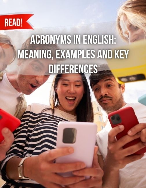 Diverse group Gen Z Gen Alpha young people in circle staring in surprise at cell phone about acronyms on screen