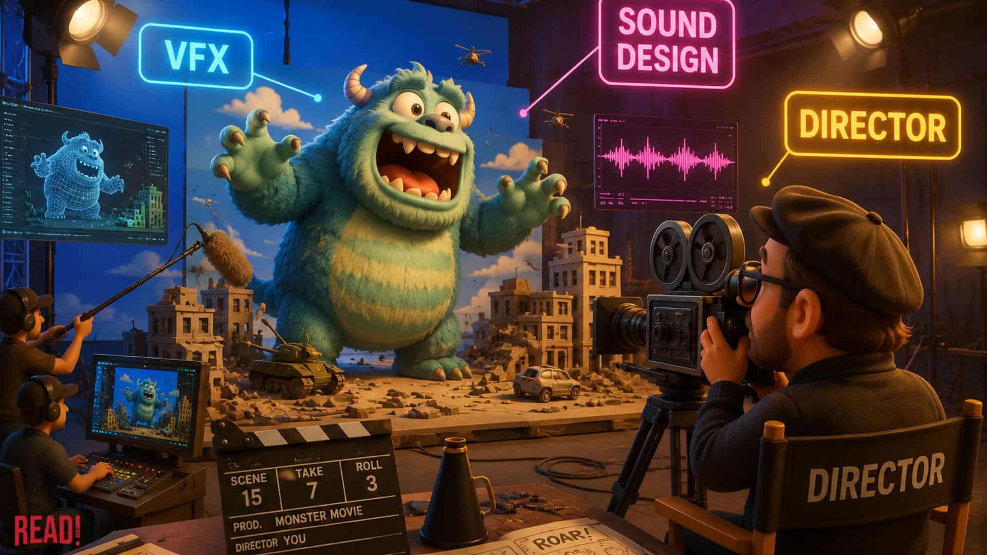 An AI-generated 3D illustration showing behind the scenes of movie production on visual effects of monster