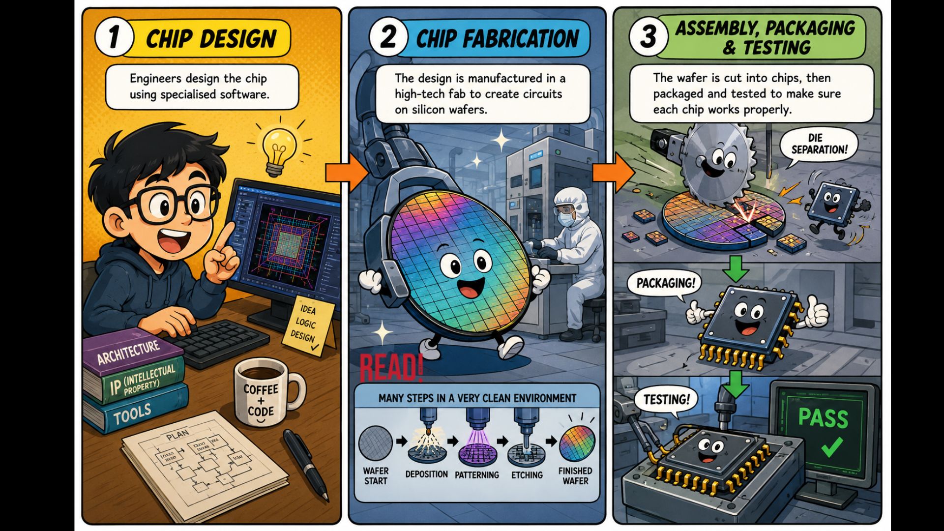 Manufacturing stages for semiconductor illustration image prepared by read.com.my