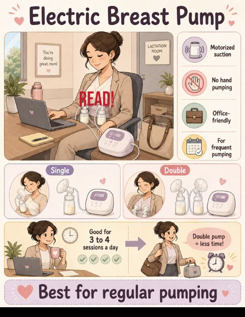 A mother still able to work in office while using electric breast pump.