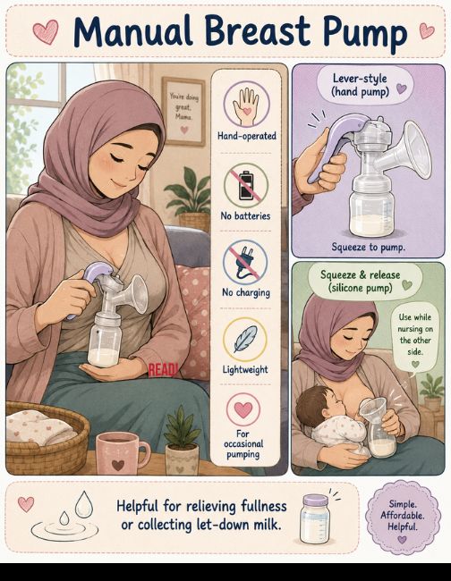 A mother breast feeding her baby while using manual breast pump to collect milk from other side.