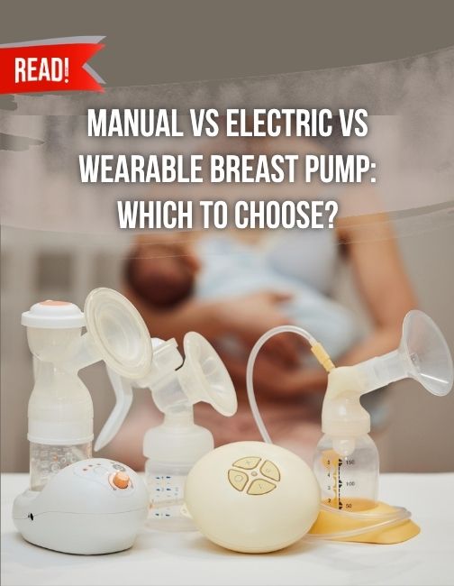 Different types of breast pump of table and a mother feeing her baby in background.