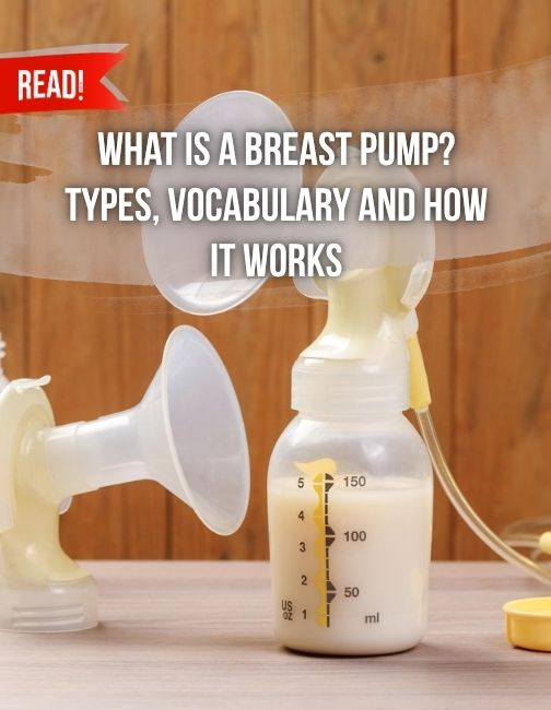 Breast pump on table with breast milk filled and a title overlay "what is a breast pump? types, vocabulary and how it works"